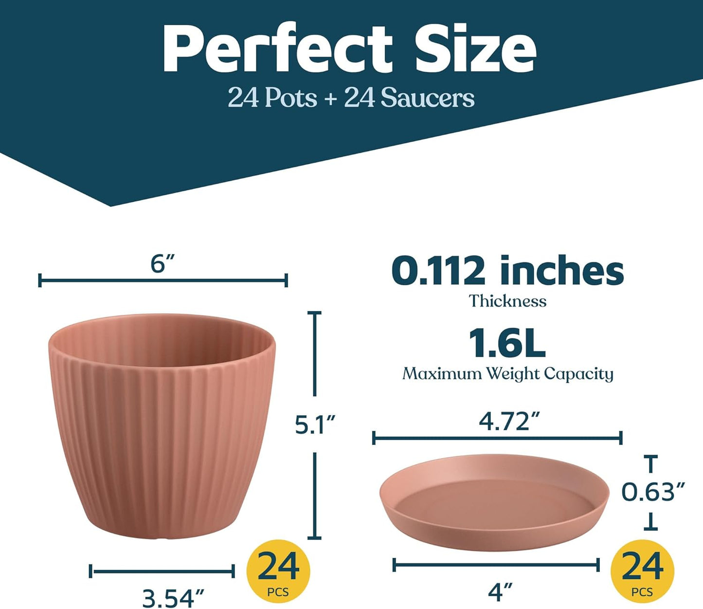 Pink 6-Inch Plant Pots with Drainage & Saucers 24 Pack, Indoor & Outdoor Planters for Houseplants, Herbs, and Flowers, Durable & Weatherproof Material, Stackable, Lightweight, Minimalist Design