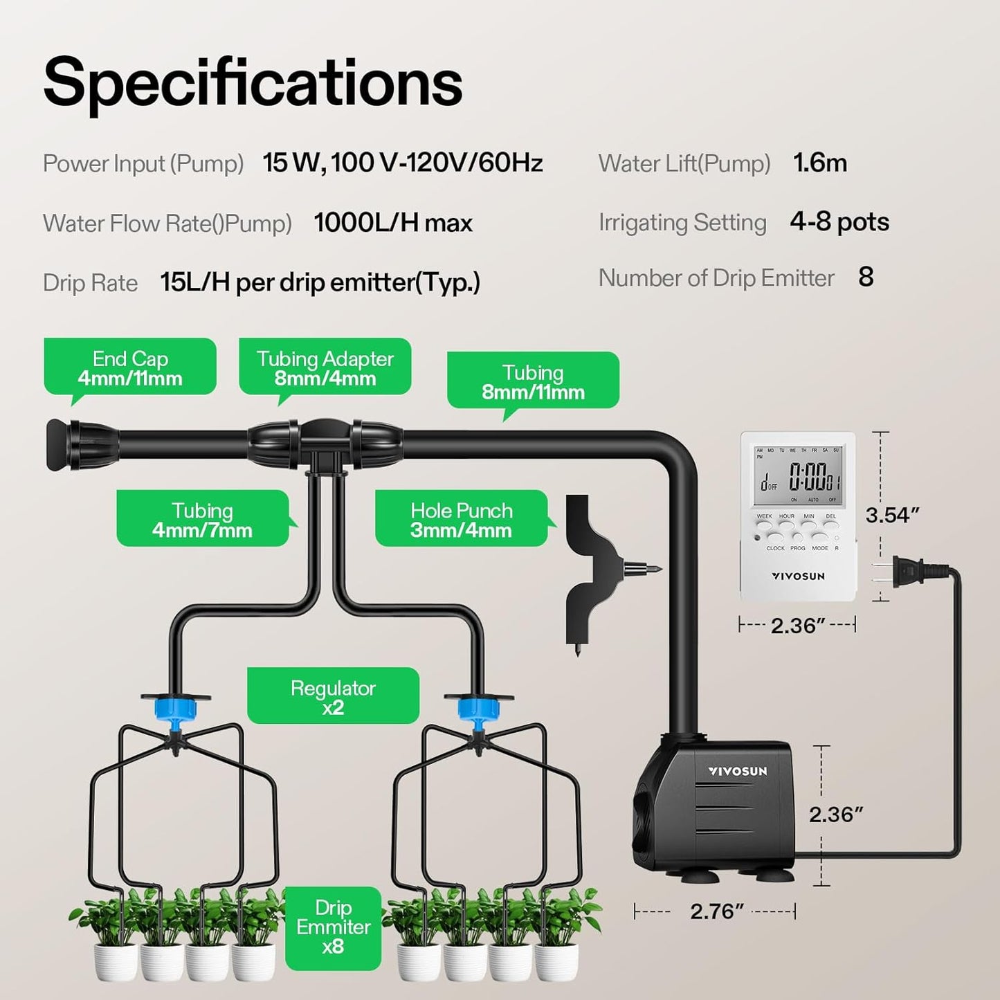VIVOSUN Professional Automatic Drip Irrigation Kits, 15W Output, All in One Professional Grow Kit- Includes Pump, Timer and Regulator, 8 Drip Emitters Garden Plant Watering System Indoor Outdoor
