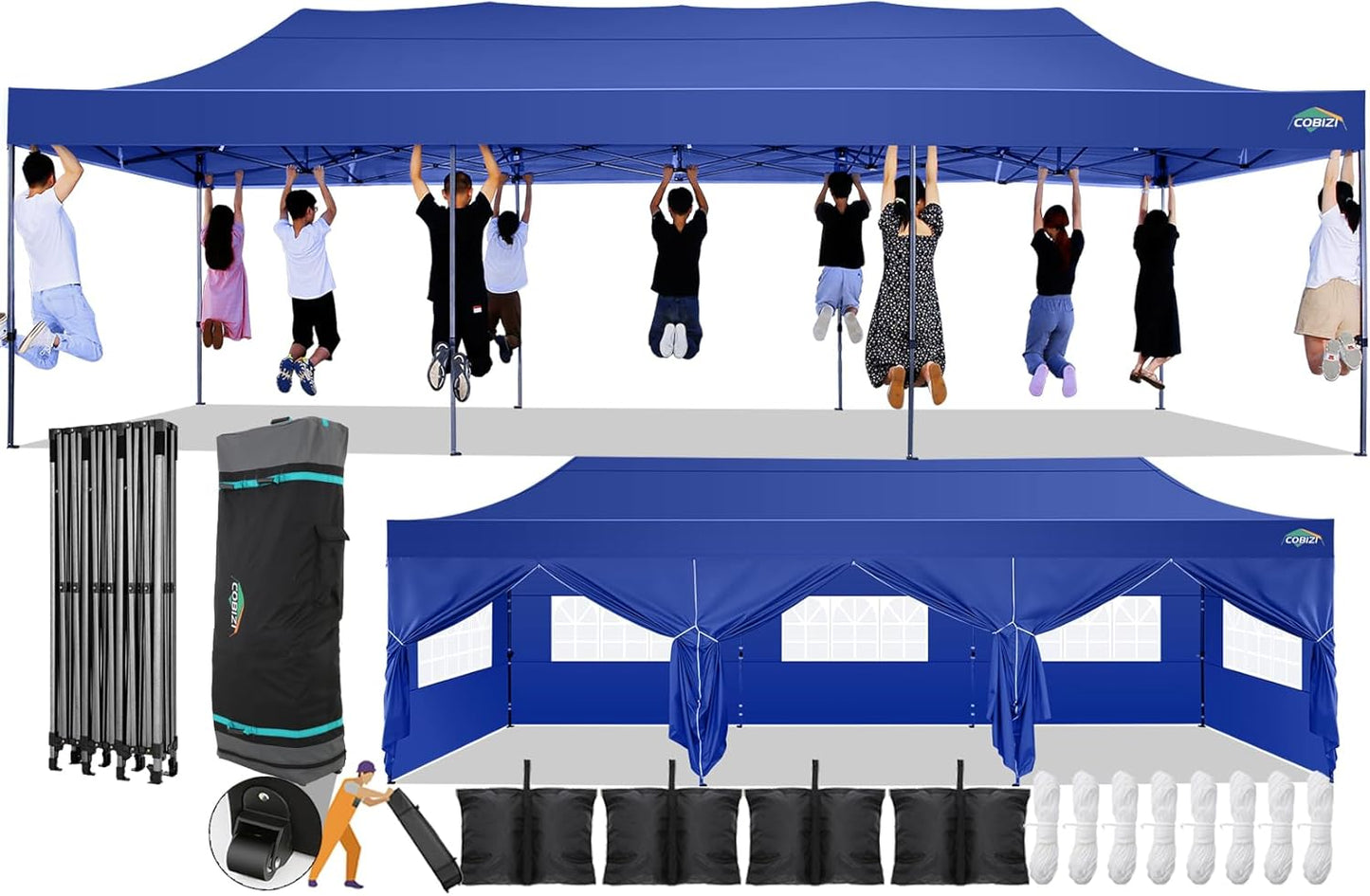 COBIZI 10x30 Pop Up Canopy with 8 Sidewall,Heavy Duty Canopy UPF 50+ All Season Wind Waterproof Commercial Outdoor Wedding Party Tents for Parties Canopy Gazebo with Roller Bag(10 x 30 ft Dark Blue)