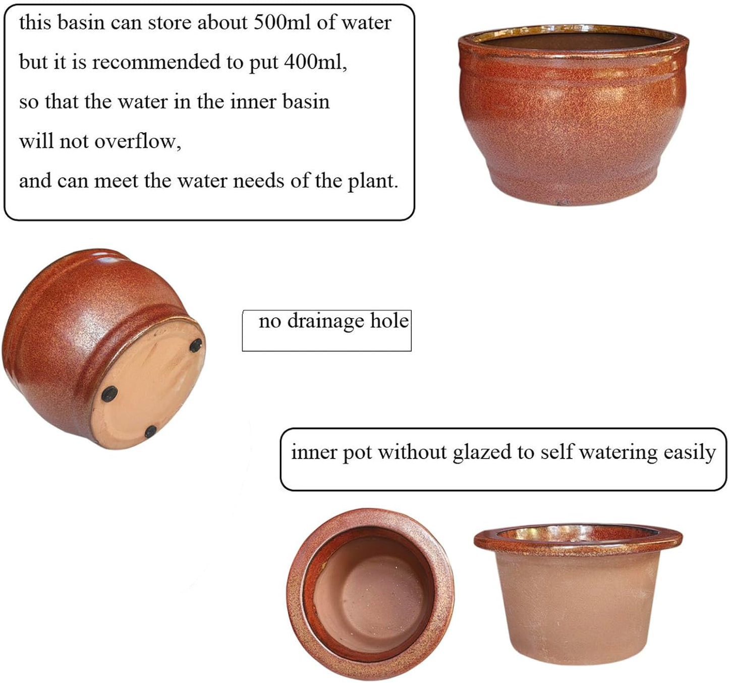 African Violet Pots Self Watering Round Ceramic Violet Pot (Copper, 6 inch)