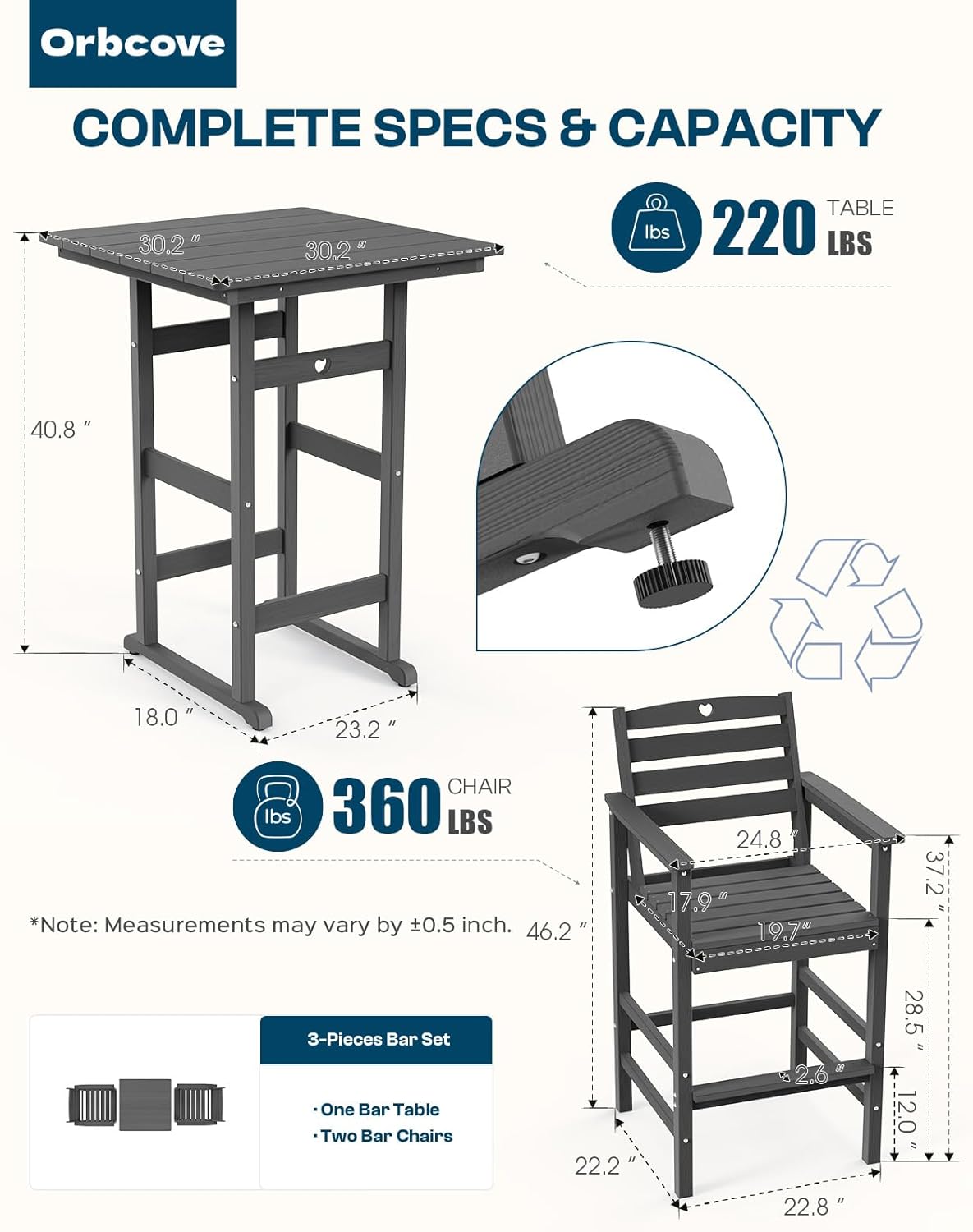 3-Piece HDPE Outdoor Bar, Outdoor Bar Stools and Outdoor Bar Table with Heart Cutout Design, All Weather Bistro Set Outdoor for Patio, Porch, Pool (Grey)