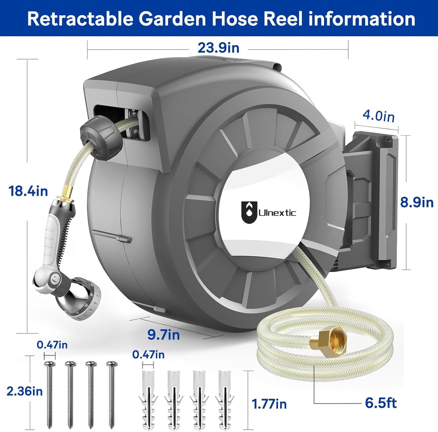 Retractable Garden Hose Reel, 5/8 in x 75 ft Wall Mounted Hose Reel,10-Pattern Spray Nozzle, Any Length Lock/Slow Return System/Wall Mounted/180°Swivel Bracket
