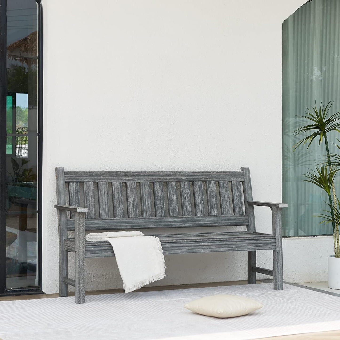 Outdoor Bench, 3-Person Garden Bench, Poly Lumber Patio Bench for Outdoors, Porch, and Park (Grey)