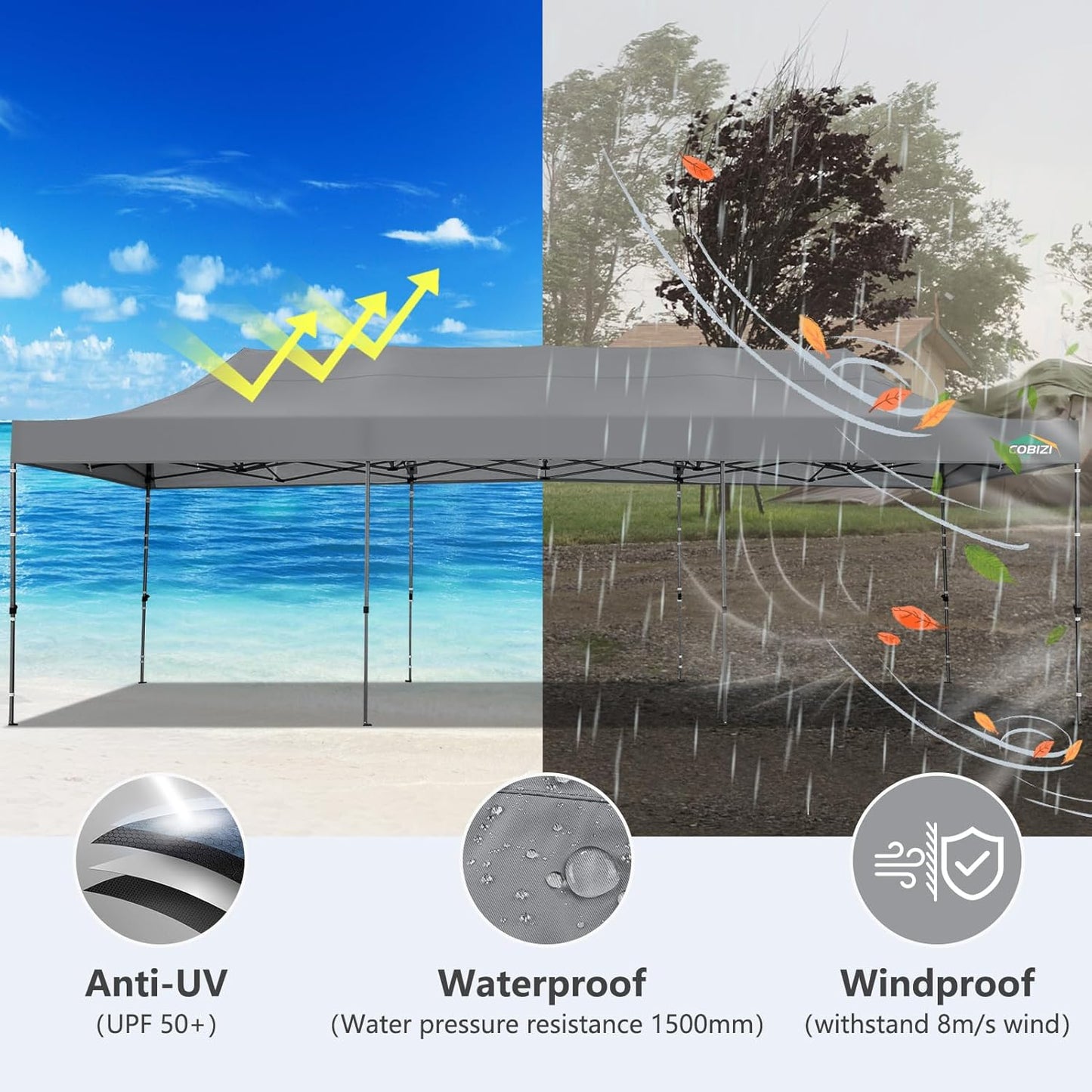 COBIZI 10x30 Pop up Canopy, Heavy Duty Outdoor Party Tents for Parties, Ez up UPF 50+ Waterproof Commercial Canopy with Wheeled Bag can fold, Gray(Windproof Upgraded)