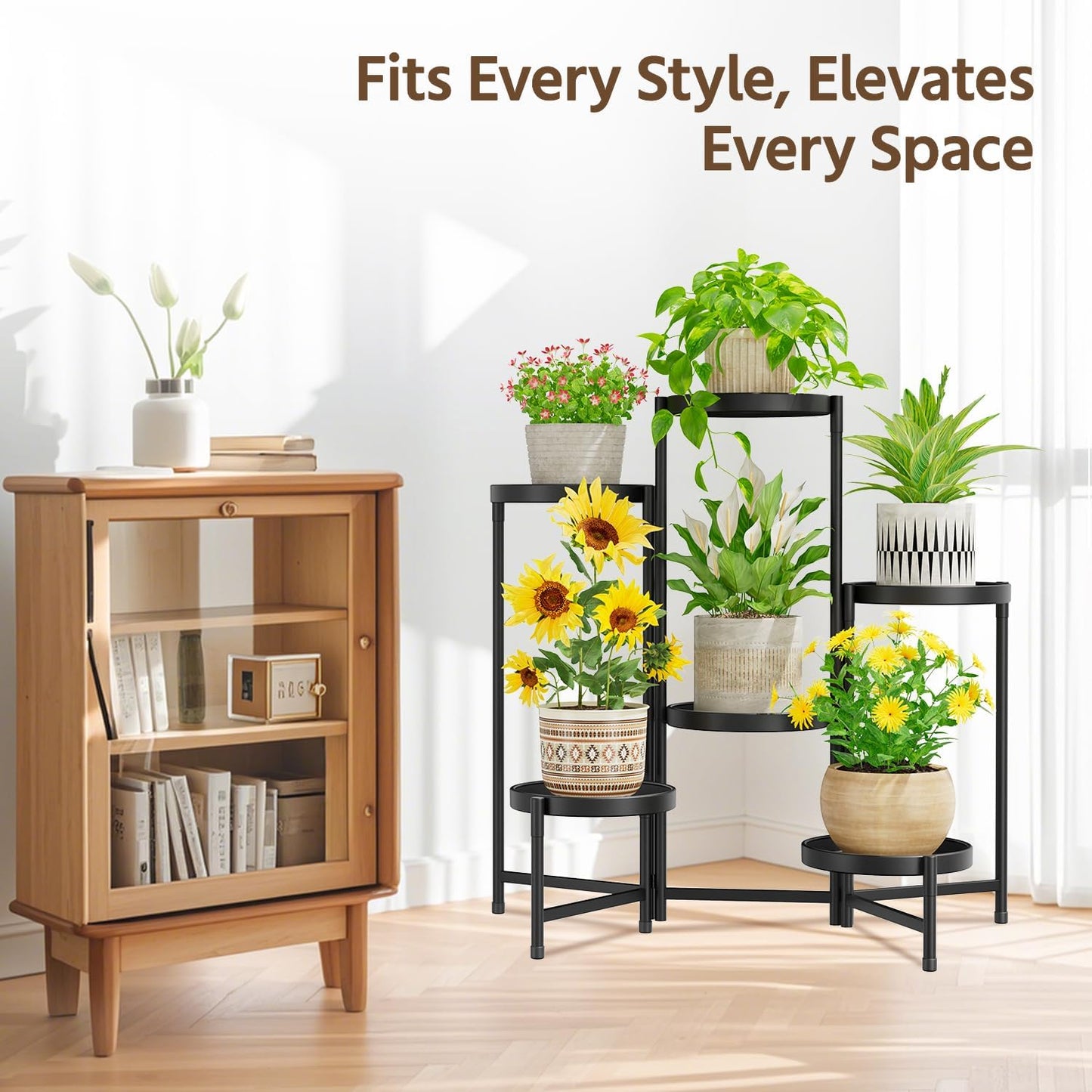 LASZOLA 6 Tiered Folding Plant Stand Indoor for Multiple Large Planter, Tall Heavy Duty Adjustable Rack with Rust Proof 10 Inch Wide Tray, Sturdy Vertical Tree Organizer for Narrow Inside Floor, Black