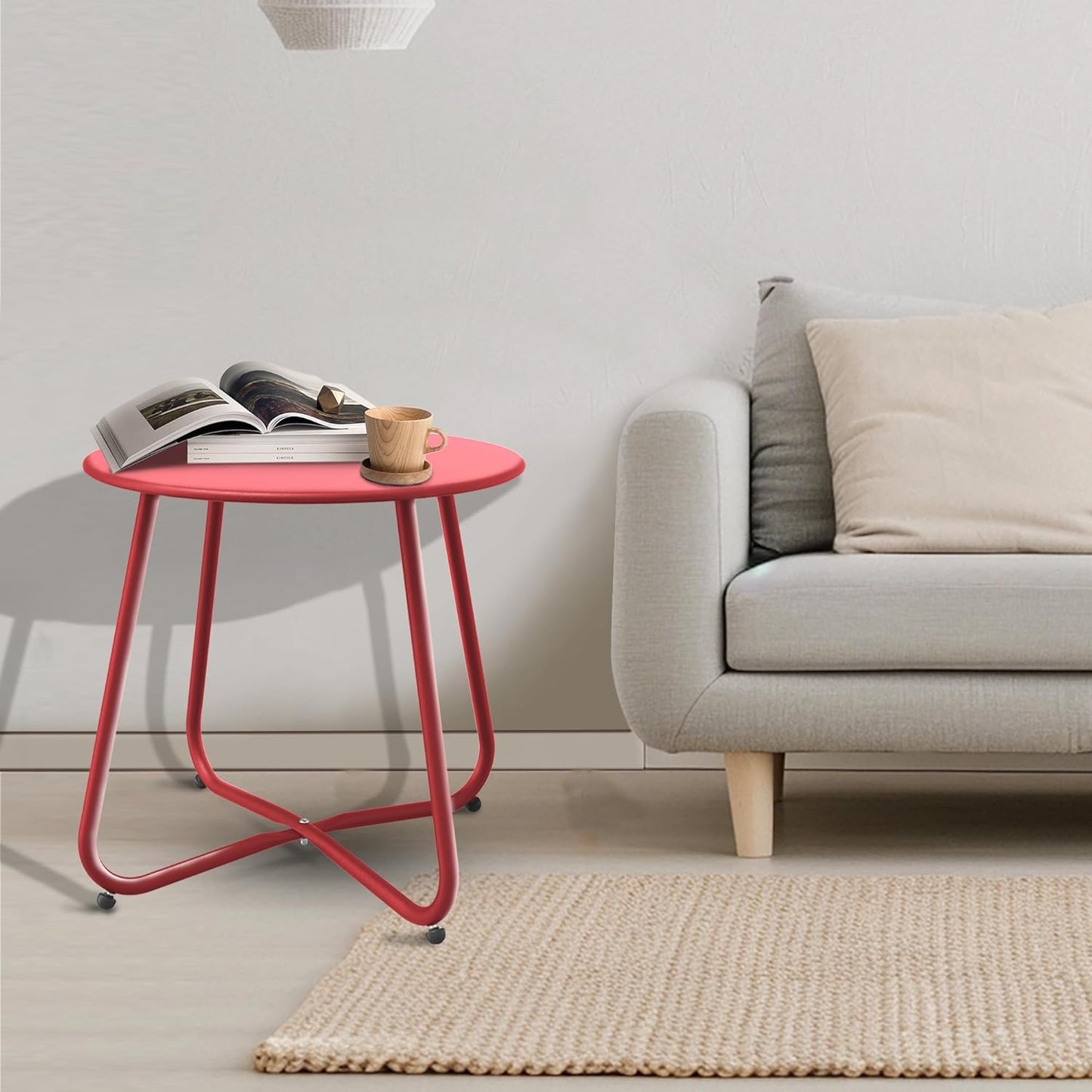 Patio Side Table Waterproof Round Metal Steel Weather Resistant Portable Outdoor and Indoor End Table for Garden Balcony Yard, Dark Red