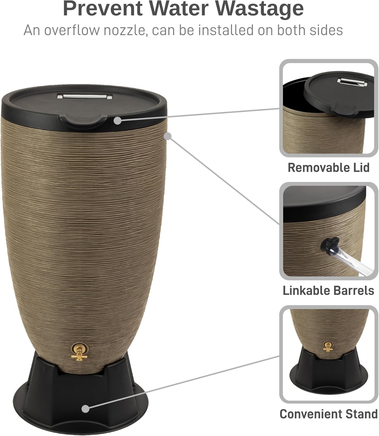 50-Gallon Newport Rain Barrel with Stand and Removable Lid, Sandstone Color