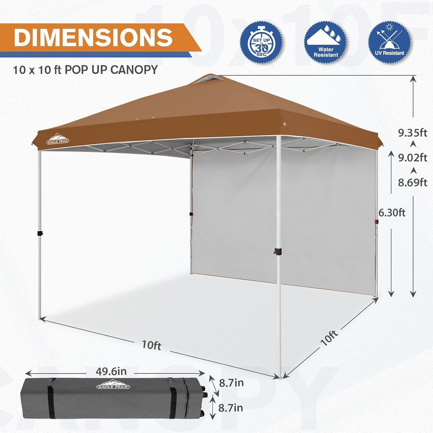 EAGLE PEAK Pop Up Canopy Tent with 1 Sidewall, Easy Setup Event Tent, Outdoor Sun Shade, Wheeled Carry Bag, Stakes and Guy Ropes, Instant Canopy 10x10, Khaki