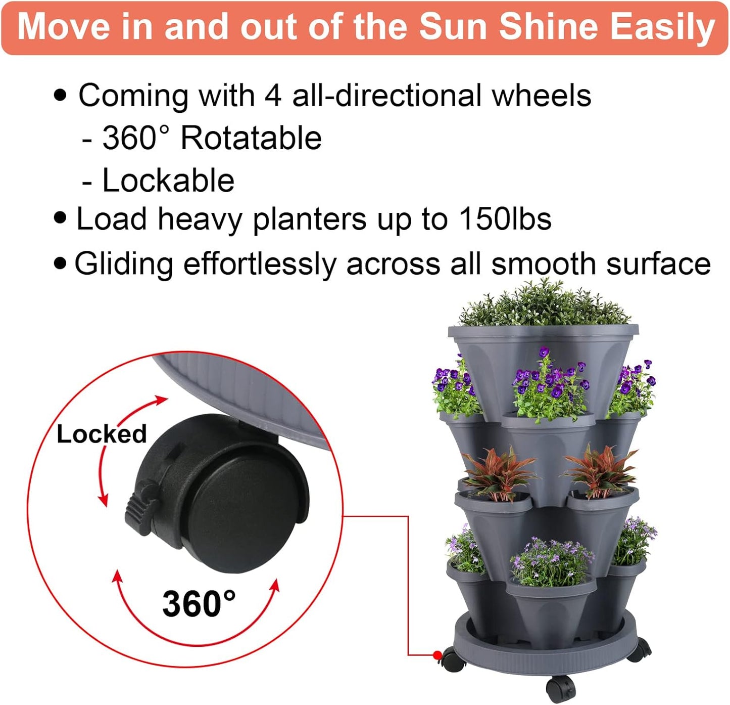 Vertical Planter 4 Tier Stackable Planters Garden Planters Strawberry Herb Flower and Vegetable Planter Indoor Outdoor Gardening Pots with Removable Wheels and Tools