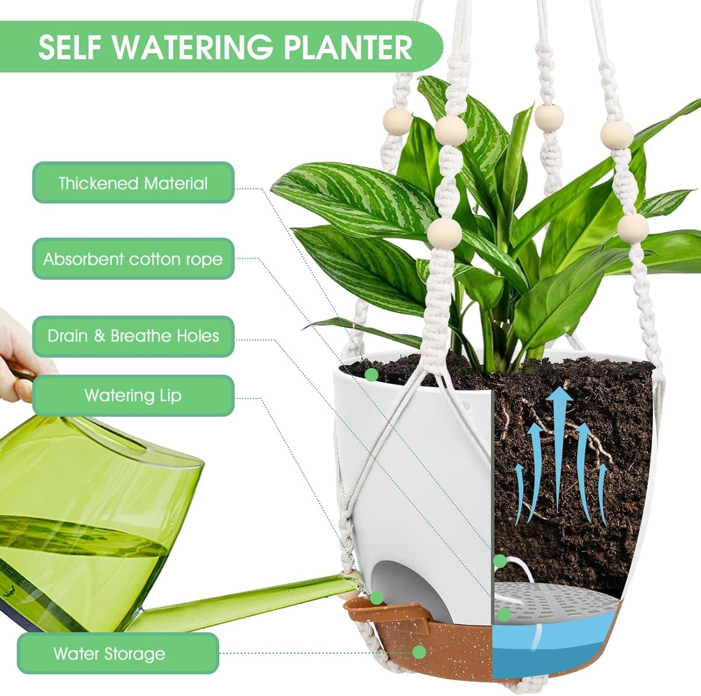 Hanging Planters for Indoor Outdoor Plants, 2 Pack Self Watering Hanging Pots, Hanging Plant Baskets with Drainage Holes & 2 Types of Plant Hangers (White, 6'')