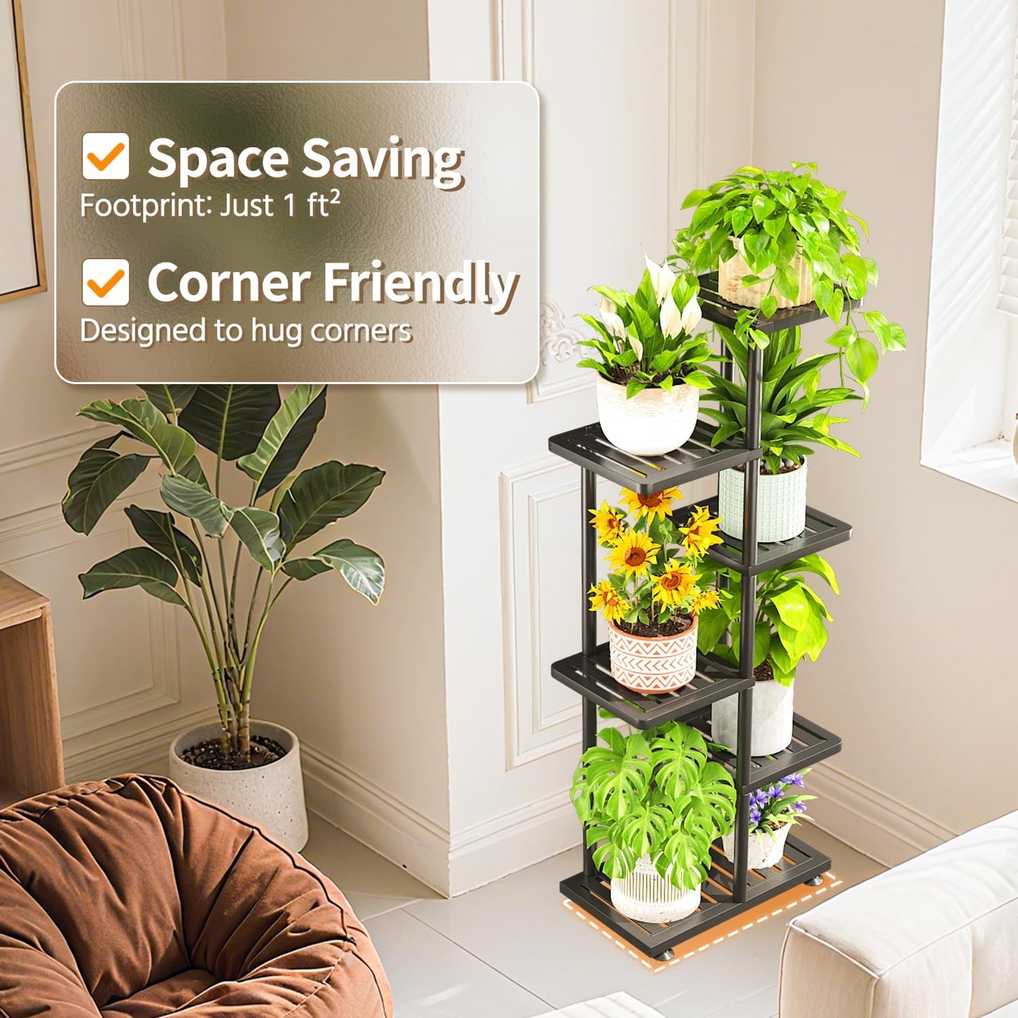 LASZOLA 5 Tier Plant Stand Indoors Outdoors for Large Heavy Duty Planter, Black Metal Tall Flower Holder Rack with Multiple Shelf for Modern Patio Corner, Vertical Organizer, Weather Resistant Bracket