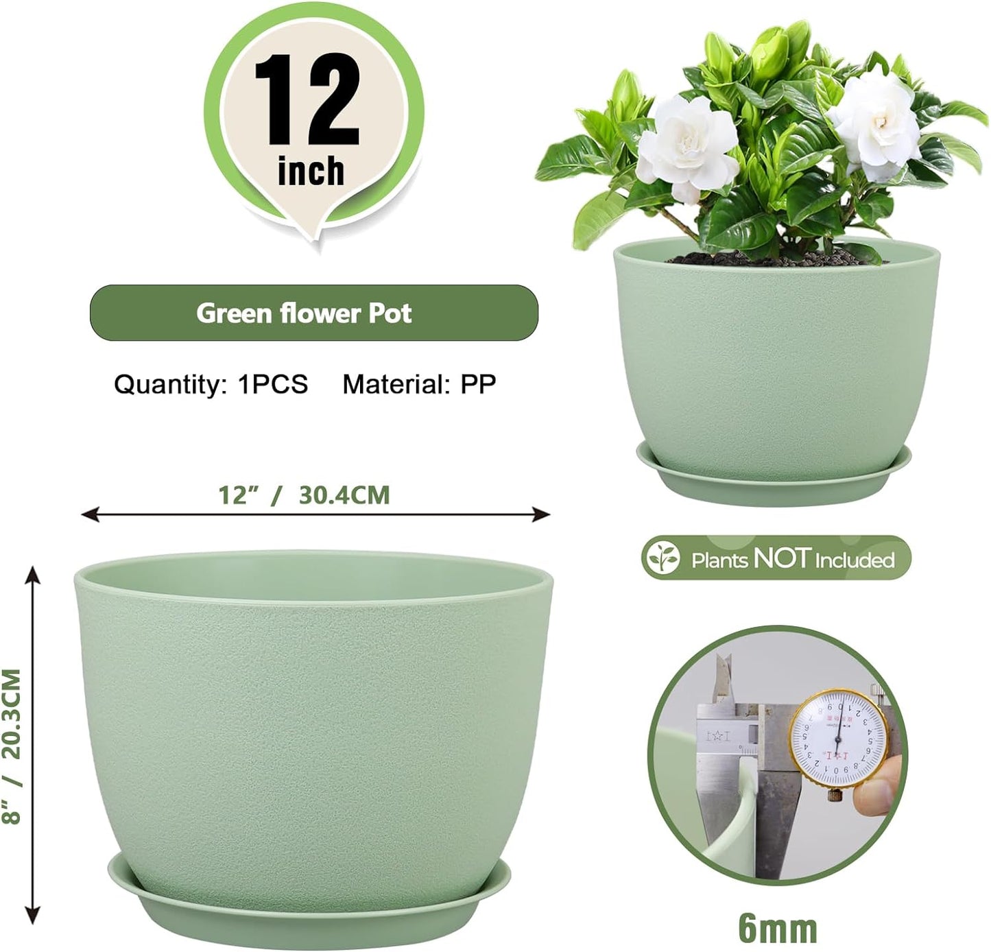 12 inch Big Plant Pots, Plastic Planters with Drainage Holes and Trays, Flower Pots for Indoor Outdoor Plants, Modern Decorative Pots for Garden House Plants, Green