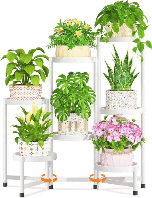 LASZOLA 7 Tiered Folding Plant Stand Indoor for Multiple Large Planter, Tall Heavy Duty Adjustable Rack with Rust Proof Plastic Shelving, Sturdy Vertical Tree Organizer for Narrow Inside Floor, White