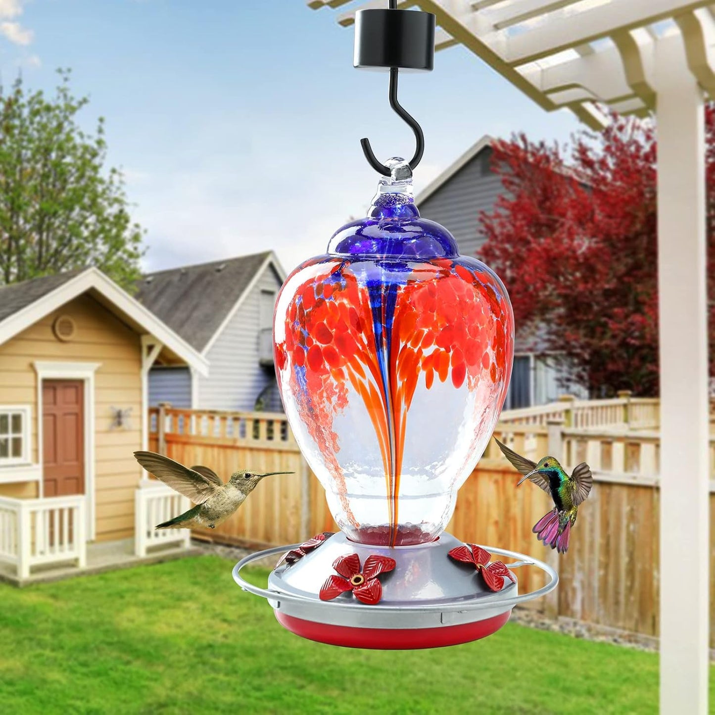 Yinns Hummingbird Feeders for Outdoors Hanging Ant and Bee Proof, Blown Glass Bird Feeder, Glass Hummingbird Feeder with Ant Moat Hanging Hook, Brush, Rope
