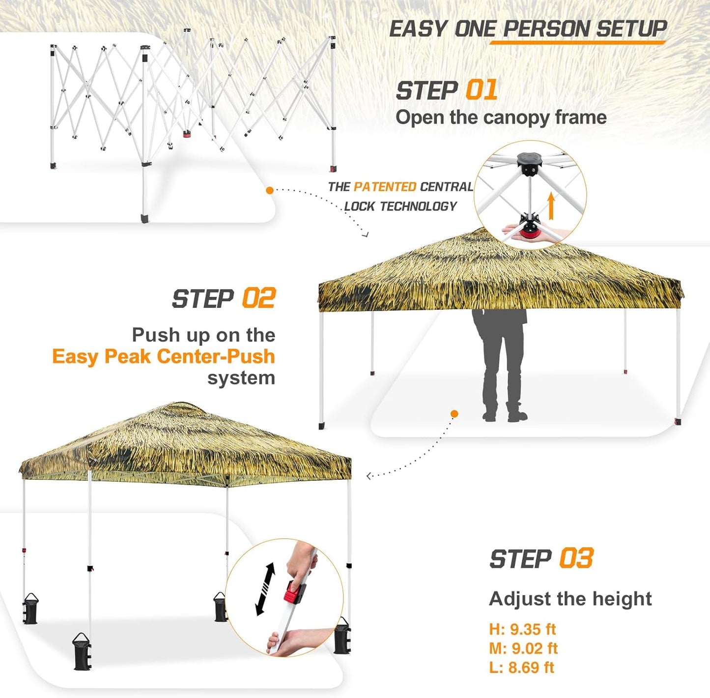 EAGLE PEAK Pop Up Canopy Tent with Wheeled Carry Bag, 8 Stakes, 4 Ropes, 4 Weight Bags, Easy Set Up Tent Canopy, 10x10 ft, 100sqft of Shade, Tiki