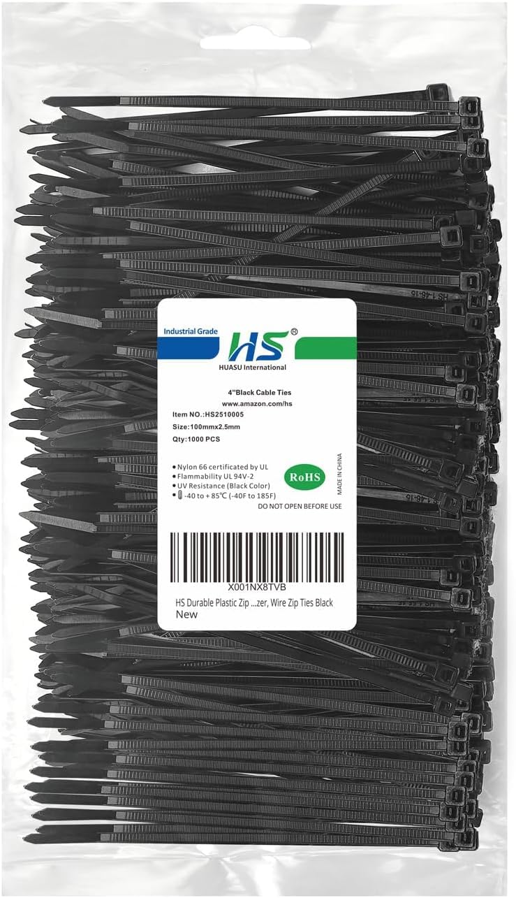 HS Durable Plastic Zip Ties 4 Inch (Bulk-1000 Pack) Small Tie Wraps Thin 18 Lbs Self-Locking Nylon Cable Ties for Electronics Organizer, Wire Zip Ties UV Rated Black