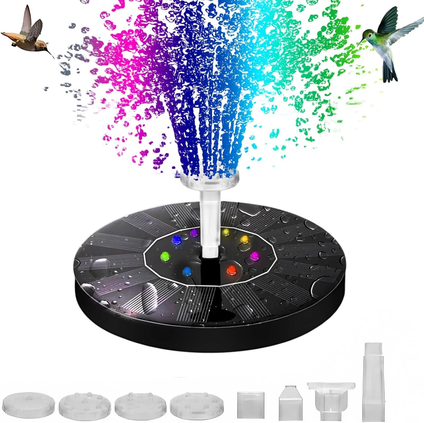 Solar Powered Fountain Pump for Bird Bath, Garden, Pond & Outdoor Decor - 7 Nozzles, 4 Fixers, Colorful LED Lights, Upgraded Glass Panel, Small Water Fountain for Fish Tank & Swimming Pool