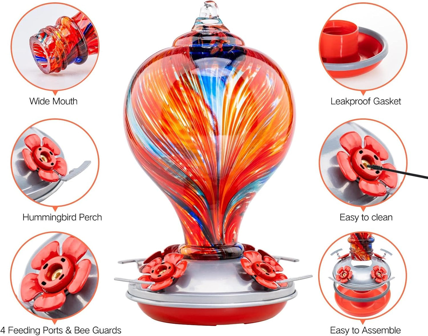 Muse Garden Hummingbird Feeders Blown Glass Hummingbird Feeder, Garden Backyard Decor, 32OZ, Mexican Stripes