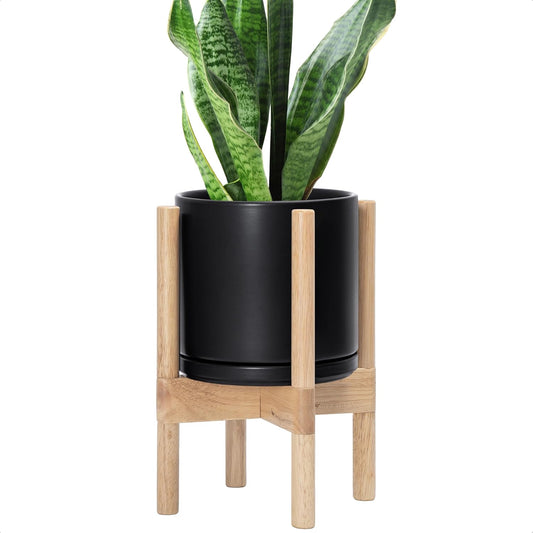 D'vine Dev Ceramic Planter with Natural Stand - 8 Inch Modern Round Flower Pot with Wood Planter Holder, Black, 55-B-N-2