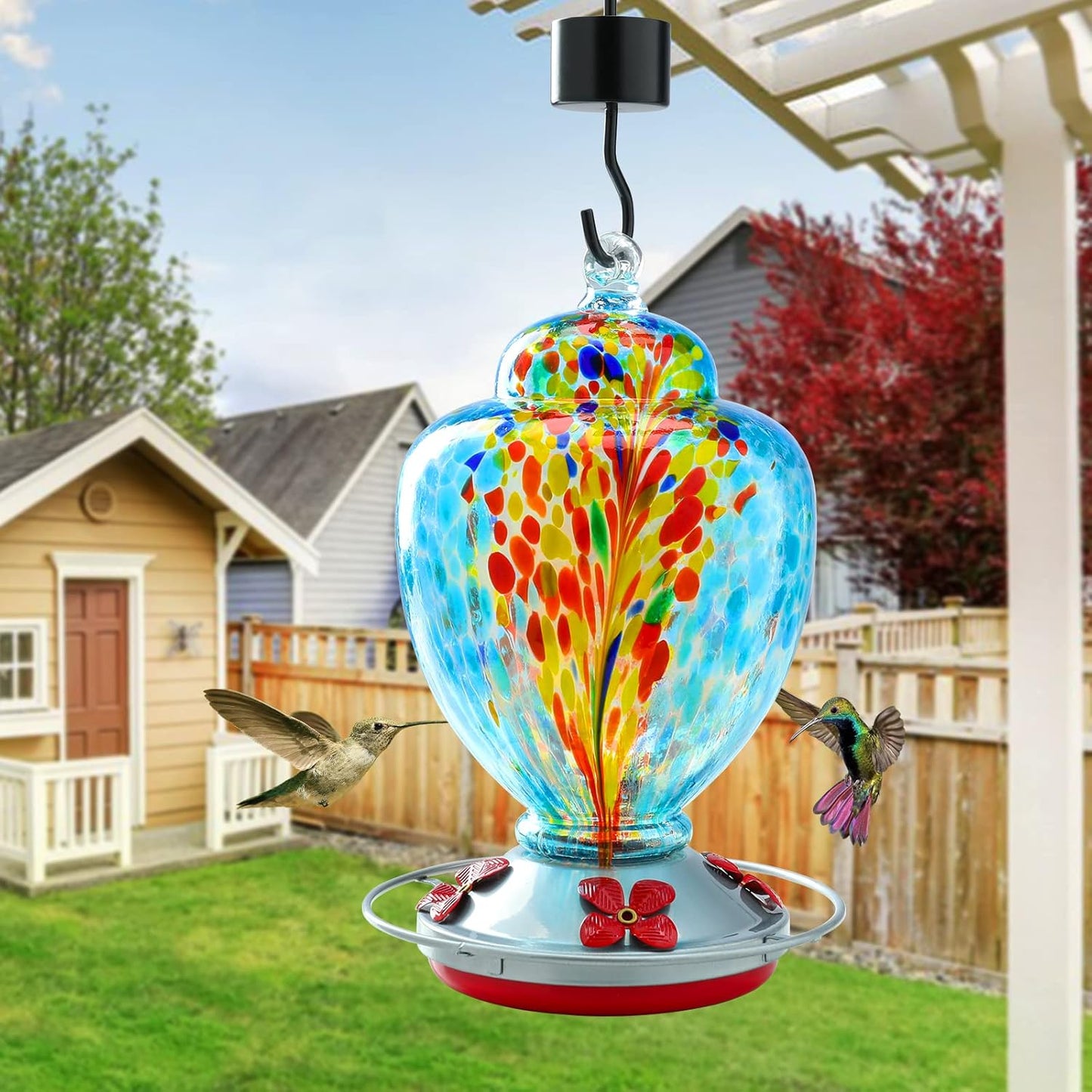 Yinns Glass Hummingbird Feeder for Outdoor Hanging Ant and Bee Proof, Hand Blown Glass Feeder with Ant Moat, Backyard Decoration, Garden Gifts for Women