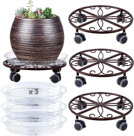 3 Pack Plant Caddy with Wheels Heavy Duty 13.5 Inches Metal Plant Stand with Wheels Plant Dolly Rolling Plant Stand Plant Roller with Casters for Indoor and Outdoor, Bronze