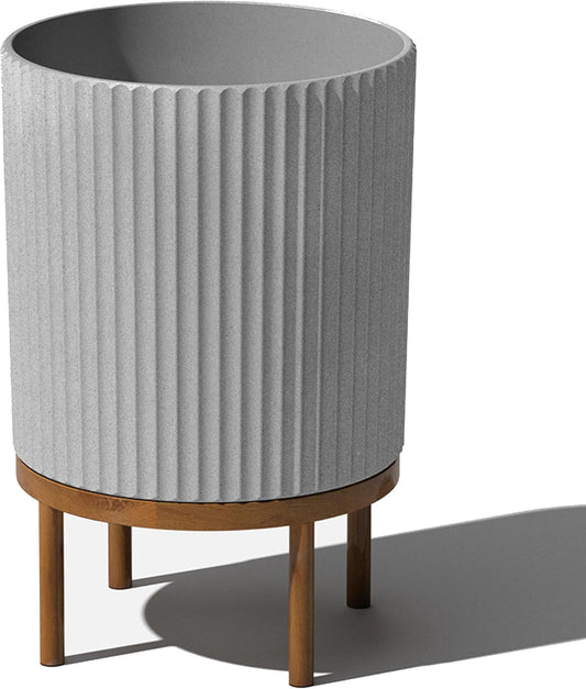 Veradek Demi Series Round Planter w/ Stand for Porch/Patio | Durable Plastic-Concrete & Wooden Stand | Modern Décor for Tall Plants, Flowers