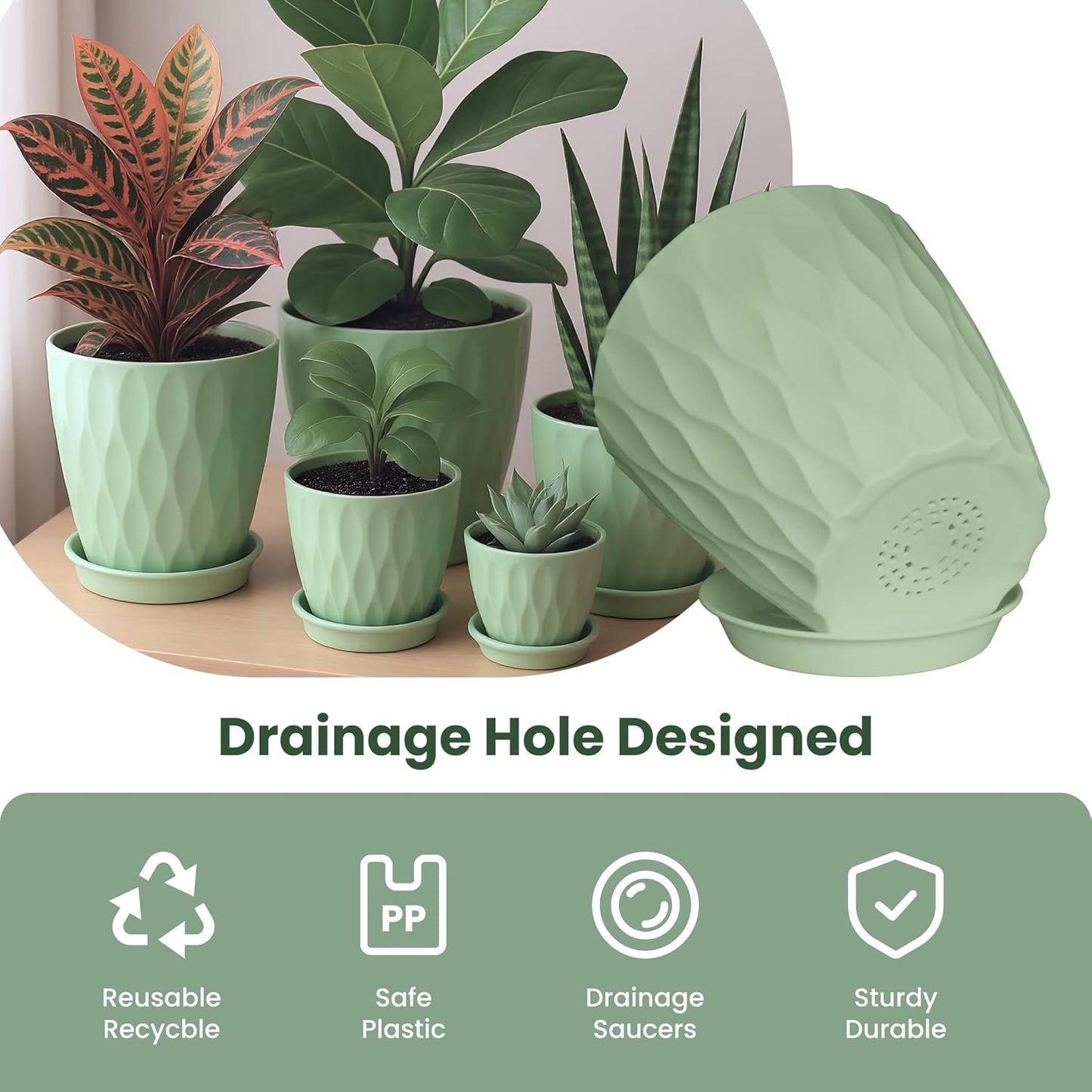 Plastic Flower Pots, 8/7/6/5/4 Inch Plant Pots with Drainage Holes, Plastic Planters for Indoor Outdoor Plants, 5 Pack Nursery Planting Pot for Garden Office Home Decor (Green, 8/7/6/5/4)