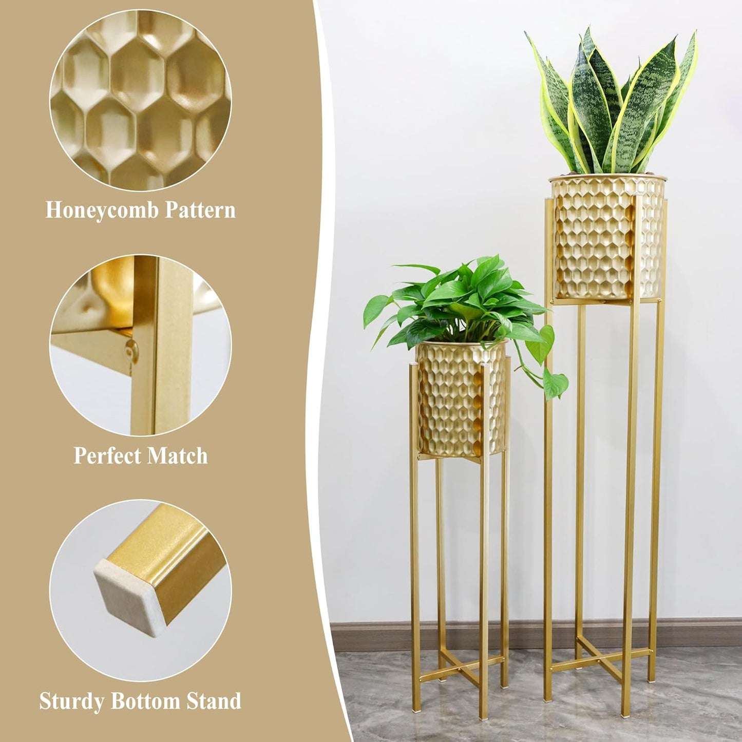TRIROCKS Set of 2 Planters with Stand Indoor Outdoor Metal Gold Planters for Indoor Plants 30 &40" Tall Morden Planters Flower Pots for Living Room Corner Kitchen Office Garden Balcony Patio Decor