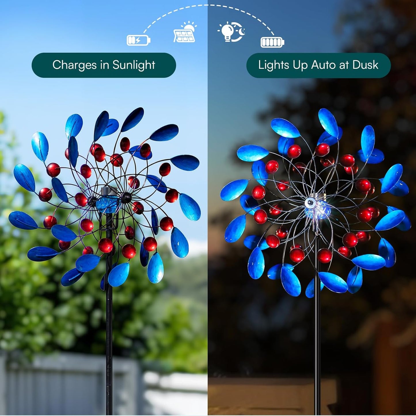 Solar Wind Spinners Outdoor, Colorful Large Garden Wind Spinners with Stake, Lawn Decor Windmill for Yard, Patio, Backyard (24'' W x 88'' H)