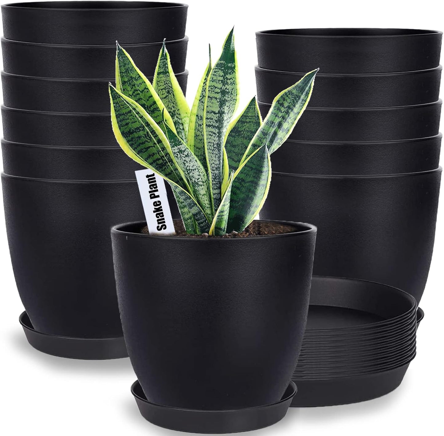 Plant Pots, 12 Pack 6 inch Modern Plastic Planters with Drainage Holes and Saucers for Indoor Outdoor Plants and Flowers, Black