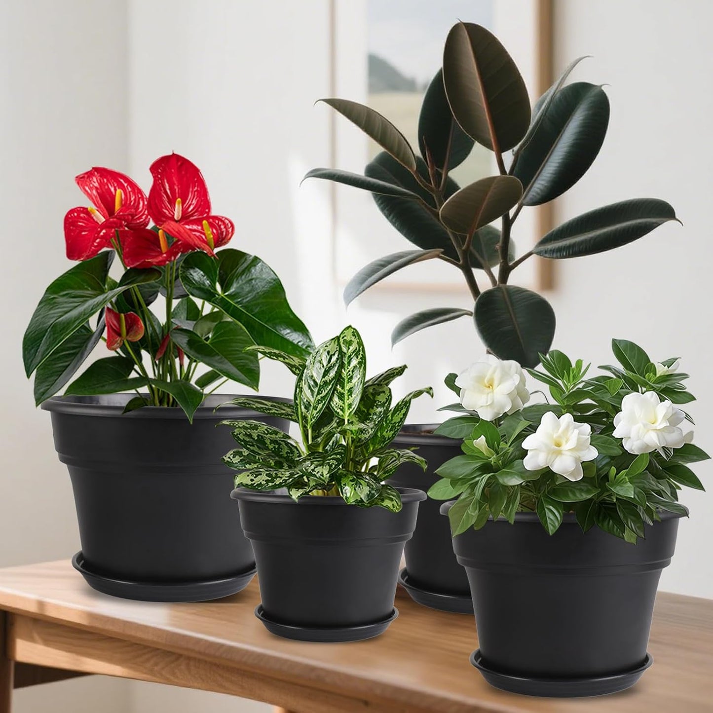 13-inch-Plant-Pots, 4 Pack Large Planters for Outdoor Plants, Plastic Flower Pots Indoor with Drainage Holes & Trays, Classic Garden Pot Container for House