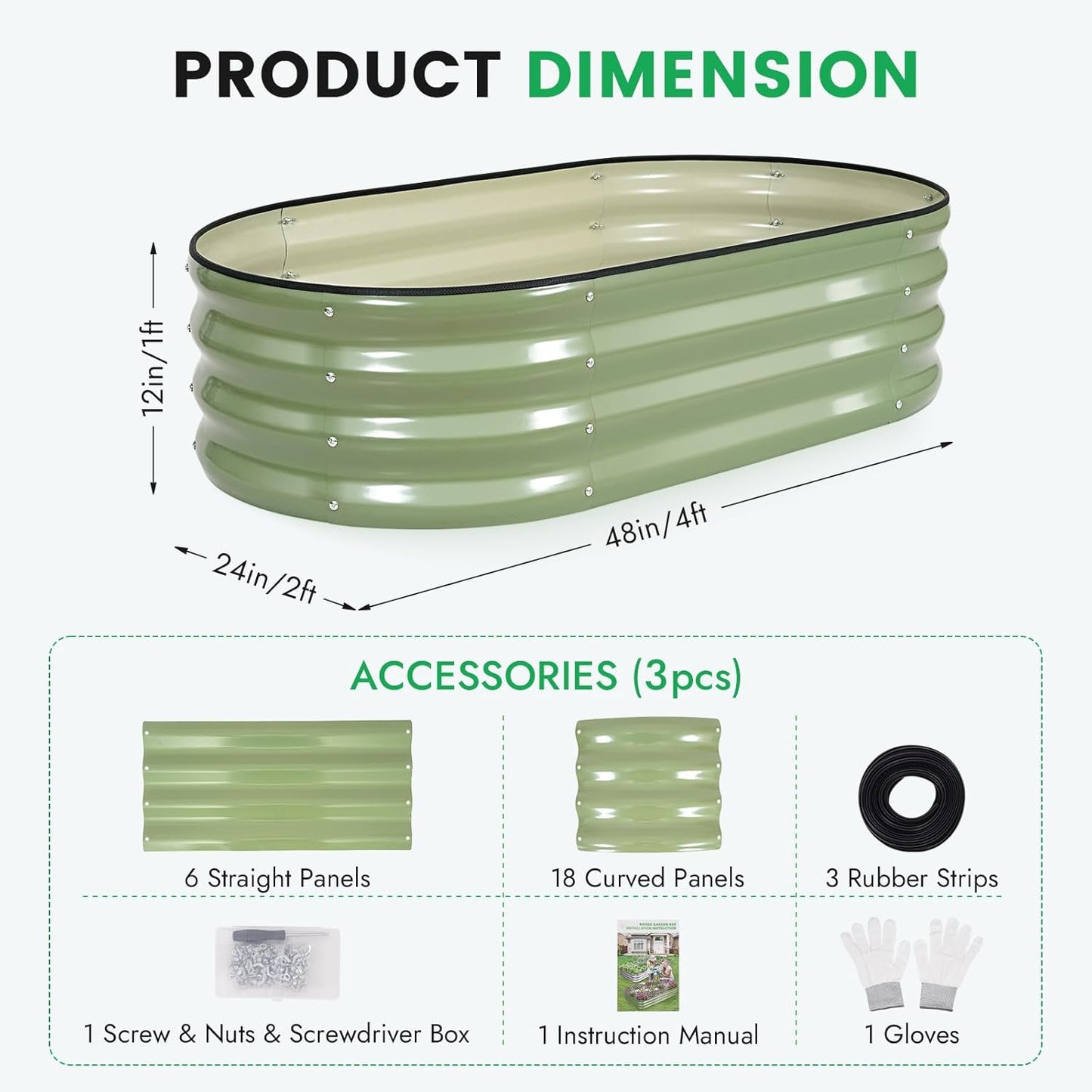 INNO STAGE 3Pcs Galvanized Raised Garden Bed Kit, Outdoor Metal Raised Garden Beds for Vegetables, Rust-Resistant & Easy Assembly, 4x2x1ft Oval Raised beds for Gardening, Flowers, Herbs (Olivergreen)