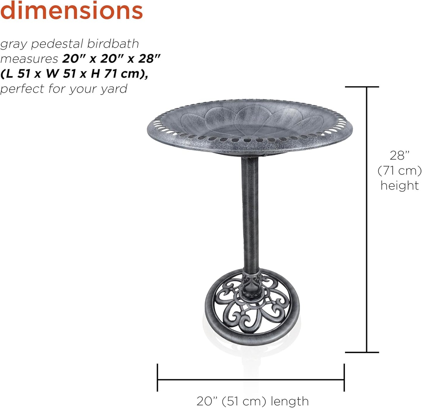 Alpine Corporation TEC116GR Outdoor Pedestal Birdbath w/Scrollwork Base and Stakes, Elegant Birdbath for Garden, 28" H, Gray