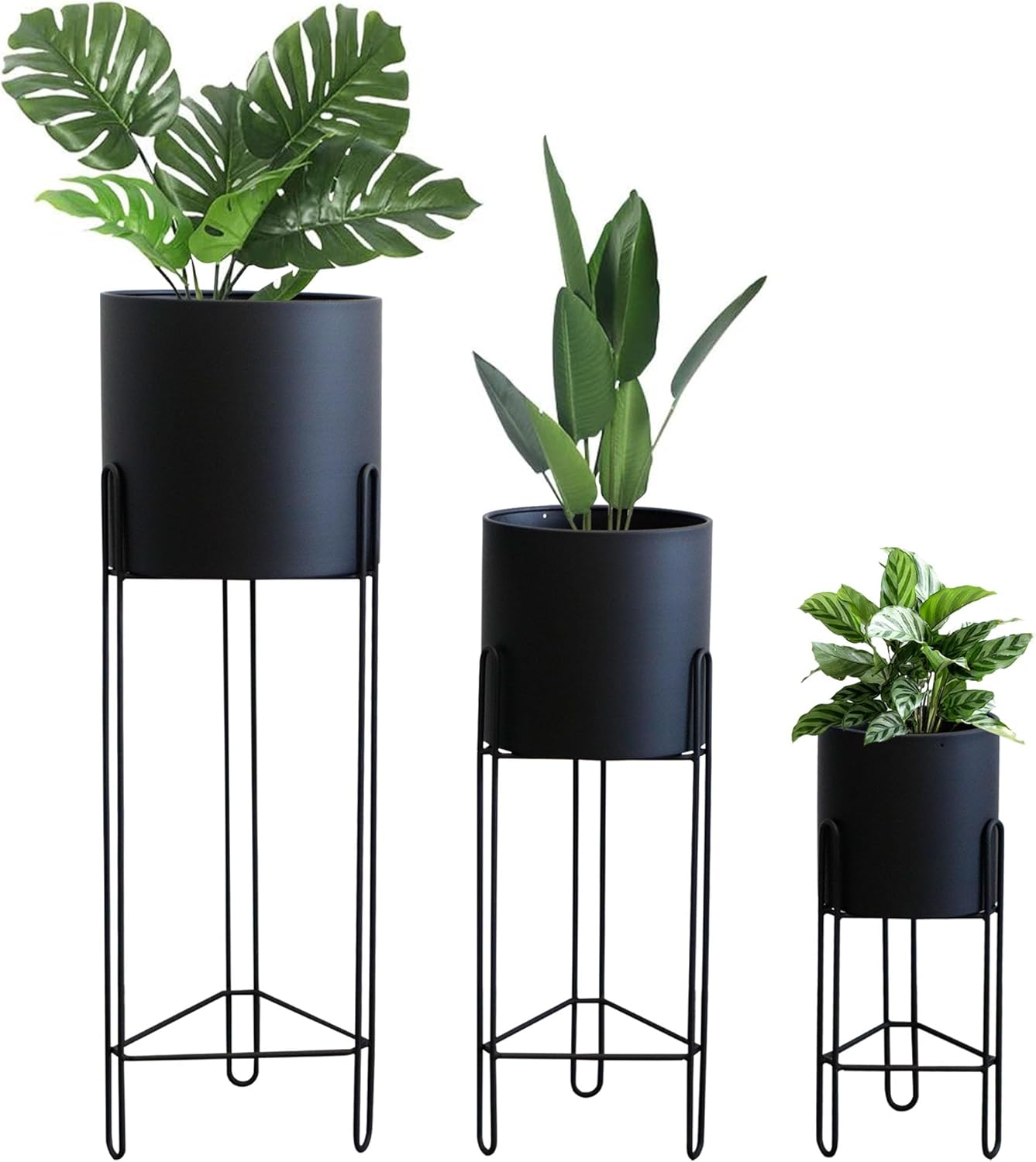 TRIROCKS Set of 3 Planters with Stand Indoor Otdoor Tall Planters for Indoor Plants 29 &18 &12" Morden Planters Flower Pots for Living Room Corner Kitchen Office Garden Balcony Patio Decor(Black)