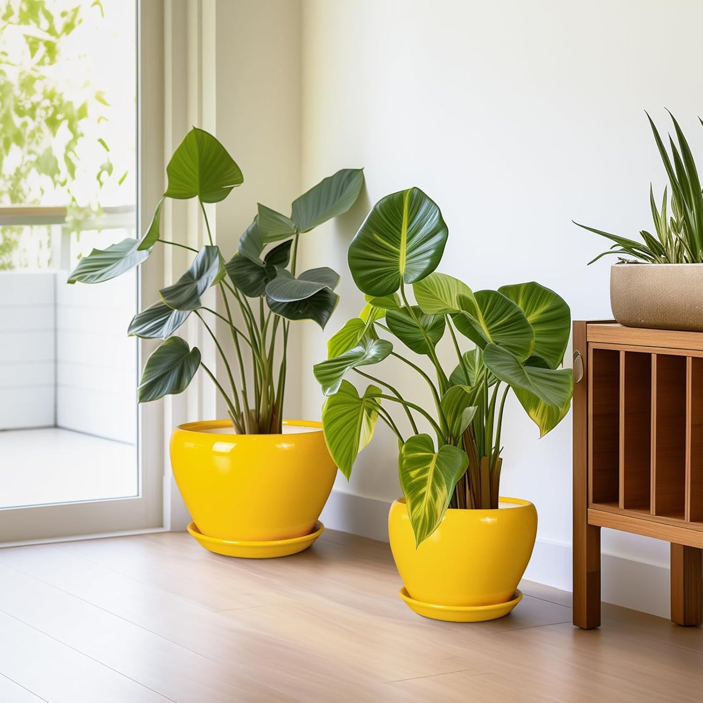 Ceramic Planters Set of 3 - Modern Round 10+8+6 Inch Plant Pots with Drainage Holes and Plant Trays for Indoor Outdoor Flowers, Decorative Garden Room Home Decor, Housewarming Gifts, Yellow