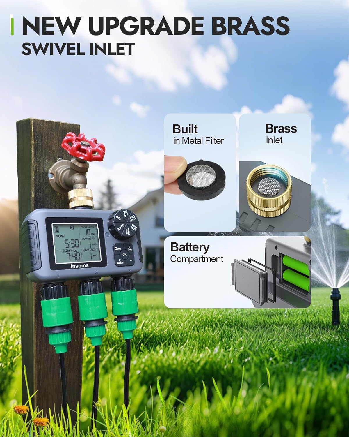 Insoma 3-Zone Sprinkler Timer with Brass Inlet + IPX5 Waterproof | Programmable Auto/Manual Irrigation Mode with Rain Delay & Large LCD | Water Hose Timer 3 Outlets for Garden, Lawn, Yard, Pool