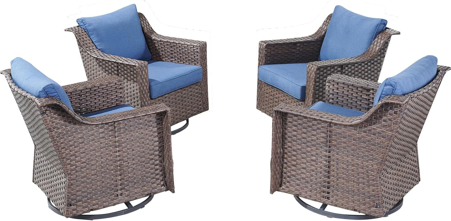 Outdoor Patio Wicker Swivel Chairs - Set of 4 Outside Rattan Rocker Glider Chair Rocking Armchairs for Front Porch Balcony Backyard Yard Deck Poolside Apartment – Brown/Blue