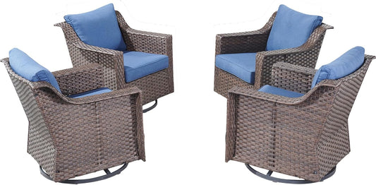 Outdoor Patio Wicker Swivel Chairs - Set of 4 Outside Rattan Rocker Glider Chair Rocking Armchairs for Front Porch Balcony Backyard Yard Deck Poolside Apartment – Brown/Blue