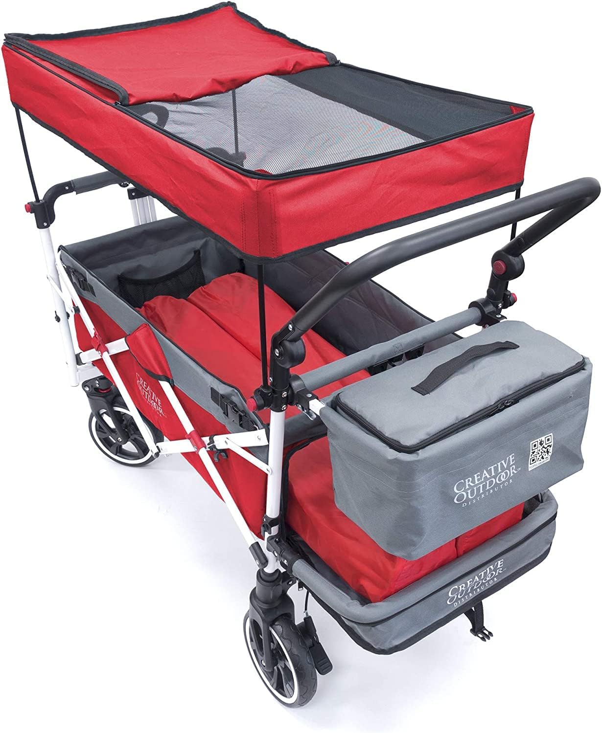 Creative Outdoor Push Pull Collapsible Stroller Wagon for Kids with Canopy,150lbs Weight Capacity, Folding Cart, Titanium Series Plus, Beach, Park, Garden (Red & Grey)