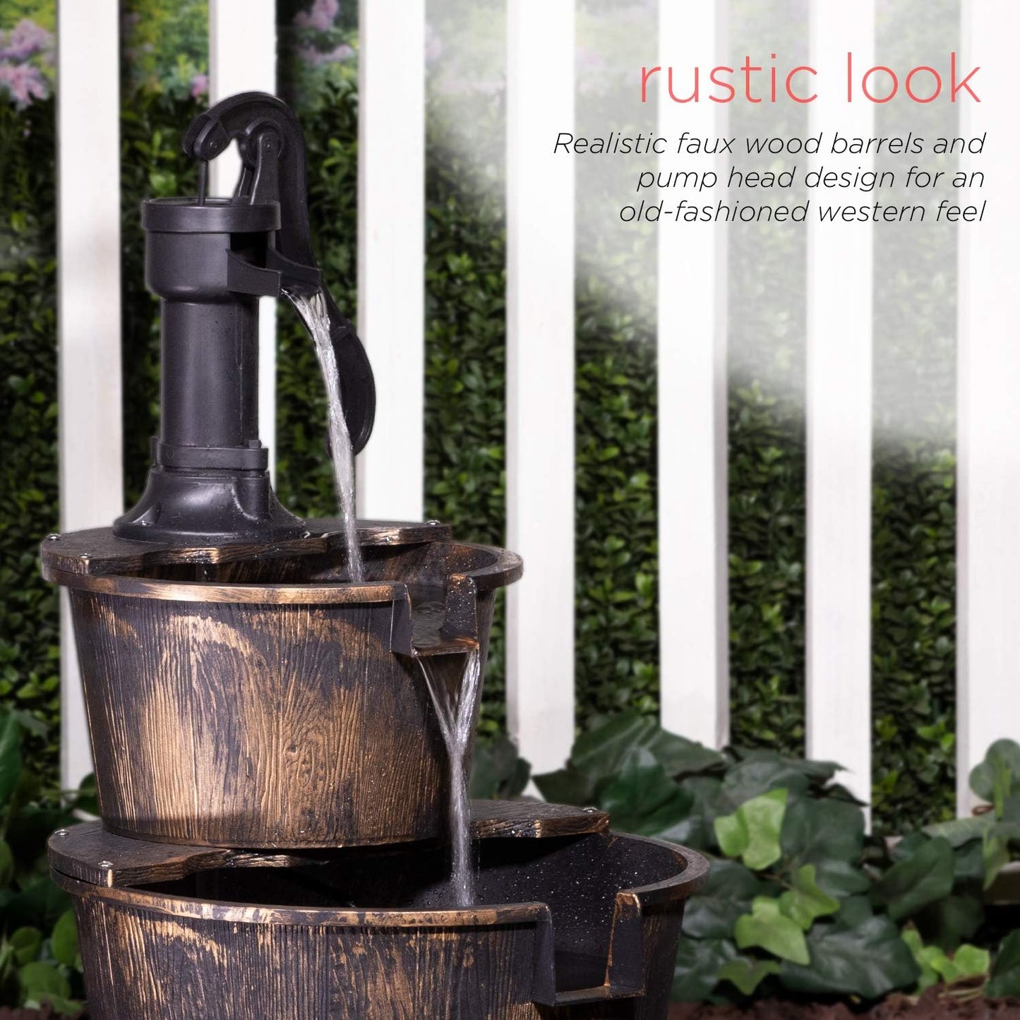 Alpine Corporation - Outdoor Rustic 2-Tiered Barrel and Pump Water Fountain – Bronze Finish, Relaxing Water Flow, Ideal for Garden, Patio, & Yard Décor, 27"H