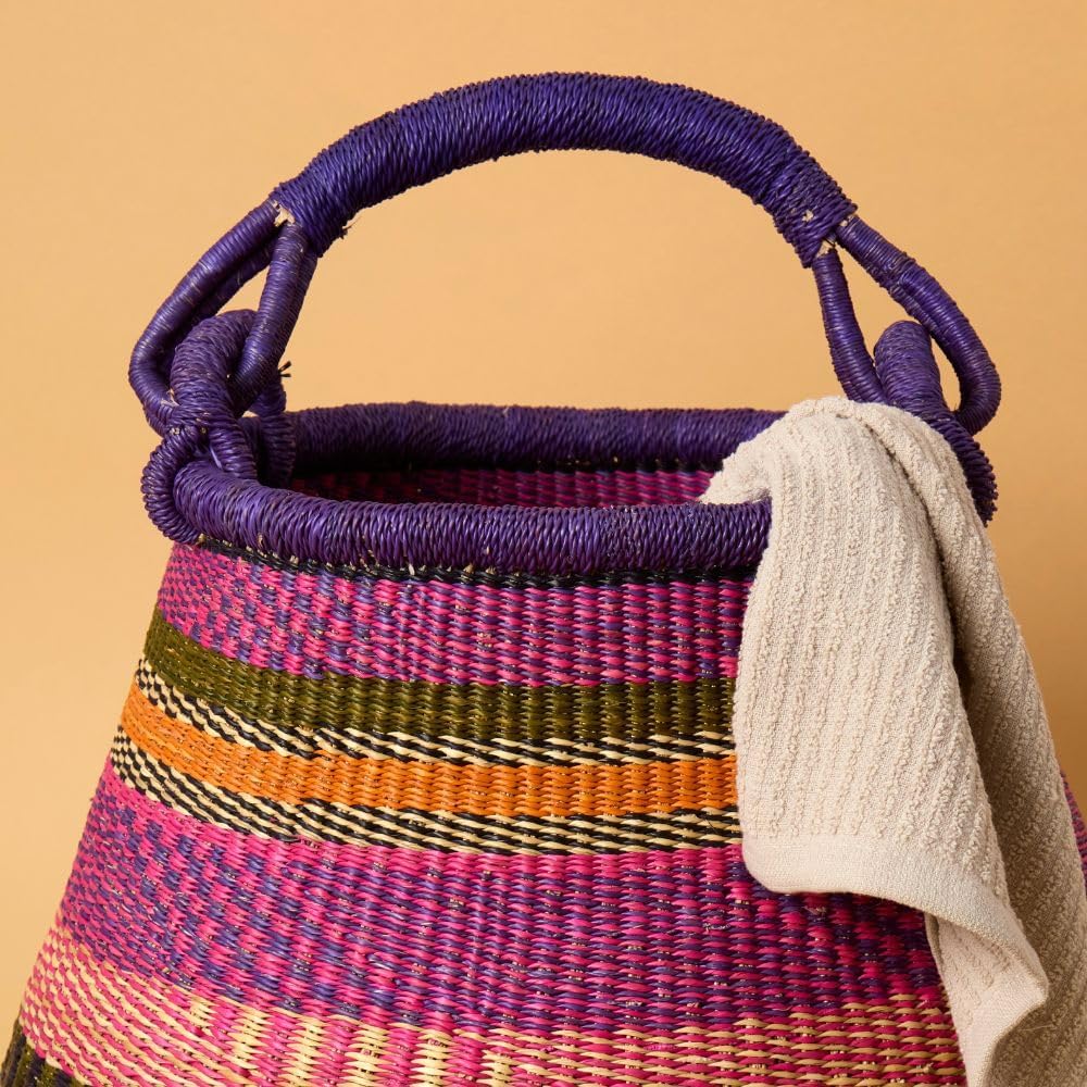 Home & Kitchen Decor, Wicker Basket, Picnic Basket, Living Room Basket, Organizing, Harvesting, Foraging, Fruit Storage, Hand Woven, Pot Shape, 16" Wide, Boho - Pink Purple