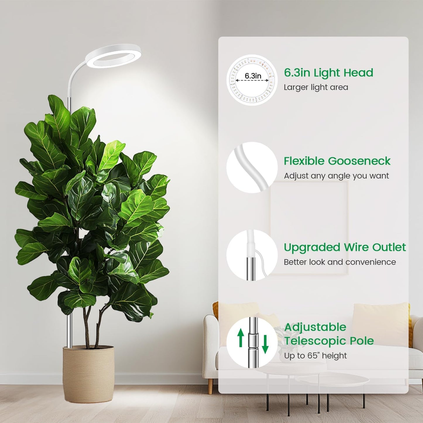Garpsen Halo Grow Light, Full Spectrum Plant Light with Gooseneck, 3 Colors Modes and 5 Dimmable Levels, 6/12/16H Timer, 65'' Height Adjustable Grow Lamp for Large Plants(3Pack)-White