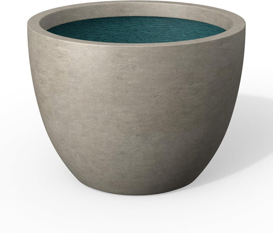 Kante 14.2 Inch Round Concrete Planter - Classic Large Plant Pot with Drainage Hole and Rubber Plug, Suitable for Gardens and Patios, Weathered Concrete Finish with Forest Green Interior