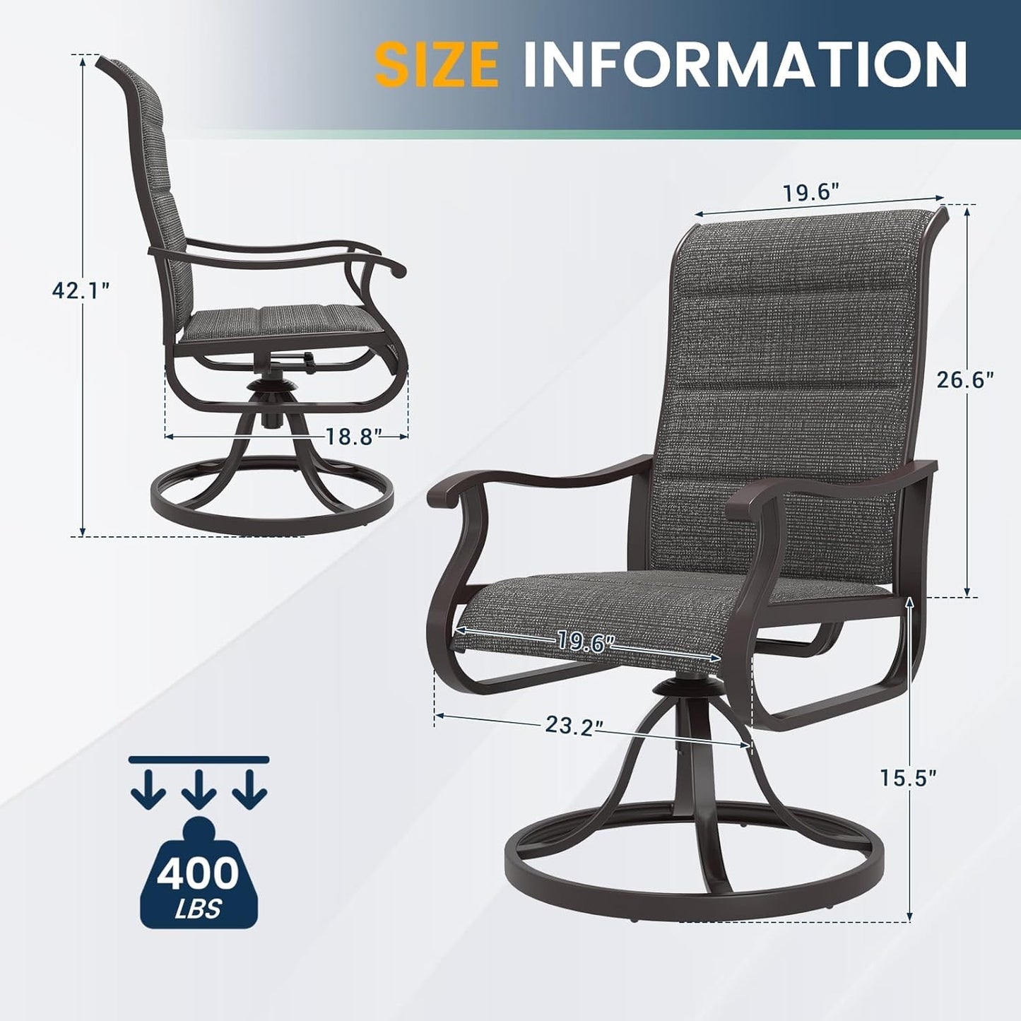 Amopatio Padded Patio Swivel Chairs Set of 2, Outdoor Dining Chairs with Ultra Soft Textilene High Back Seat & Metal Rocker Frame, for Backyard Deck Lawn (Dark Grey)