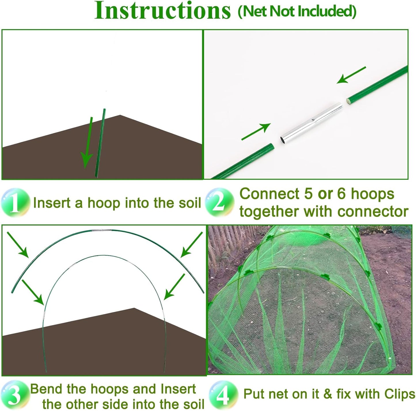 Greenhouse Hoops Grow Tunnel 6 Sets of 8FT Long Garden Hoops, Rust-Free Fiberglass Garden Hoops Frame for Garden Netting Raised Bed Plant Shade Cloth Row Cover, DIY Plant Support Garden Stakes- 36pcs