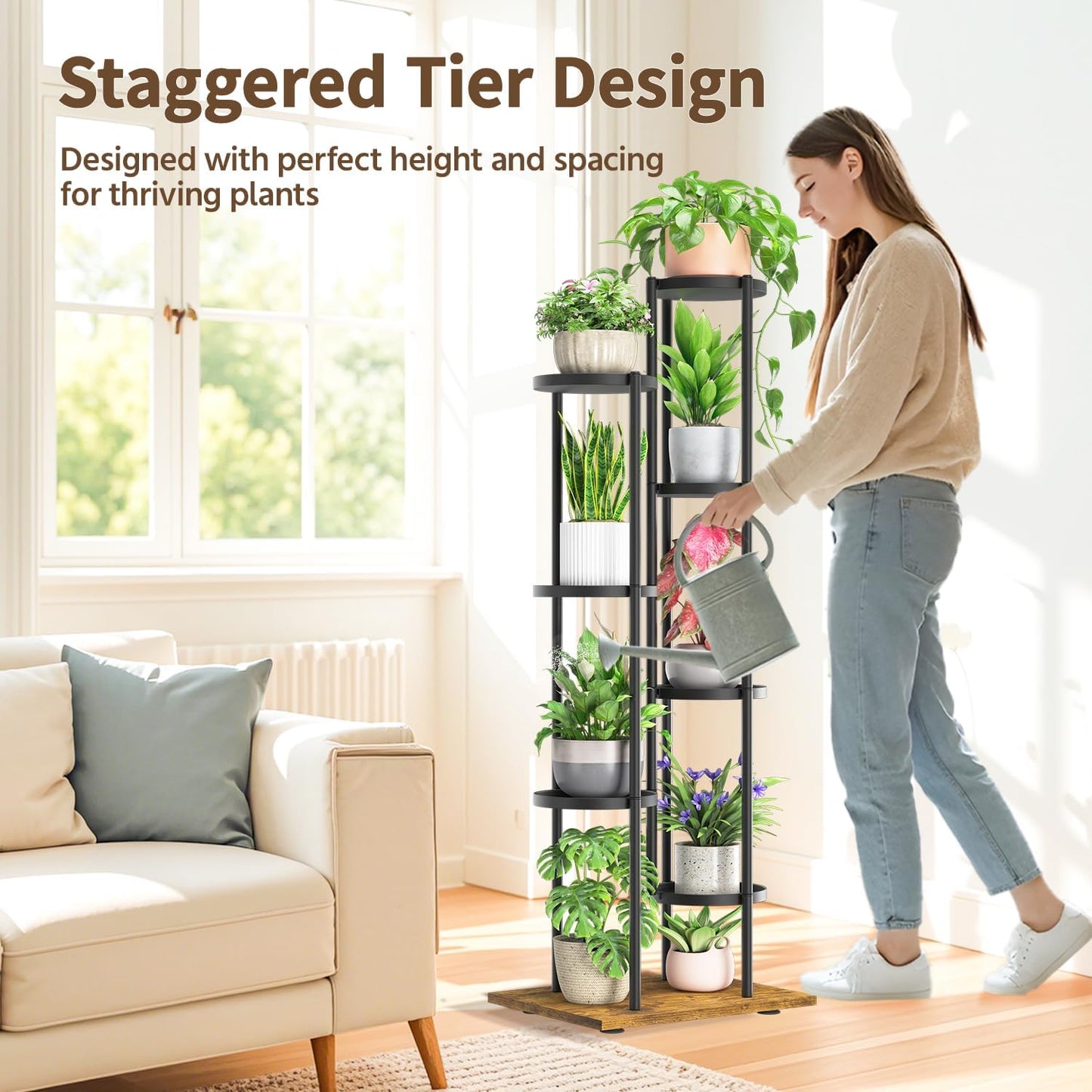 LASZOLA Black 7 Tier Plant Stand Indoor Heavy Duty Metal Planter Flower Holder Rack, Multi Modern Narrow Organizer, Floor Vertical Tower, Spiral Sturdy Decorate for House Bathroom Office Living Room