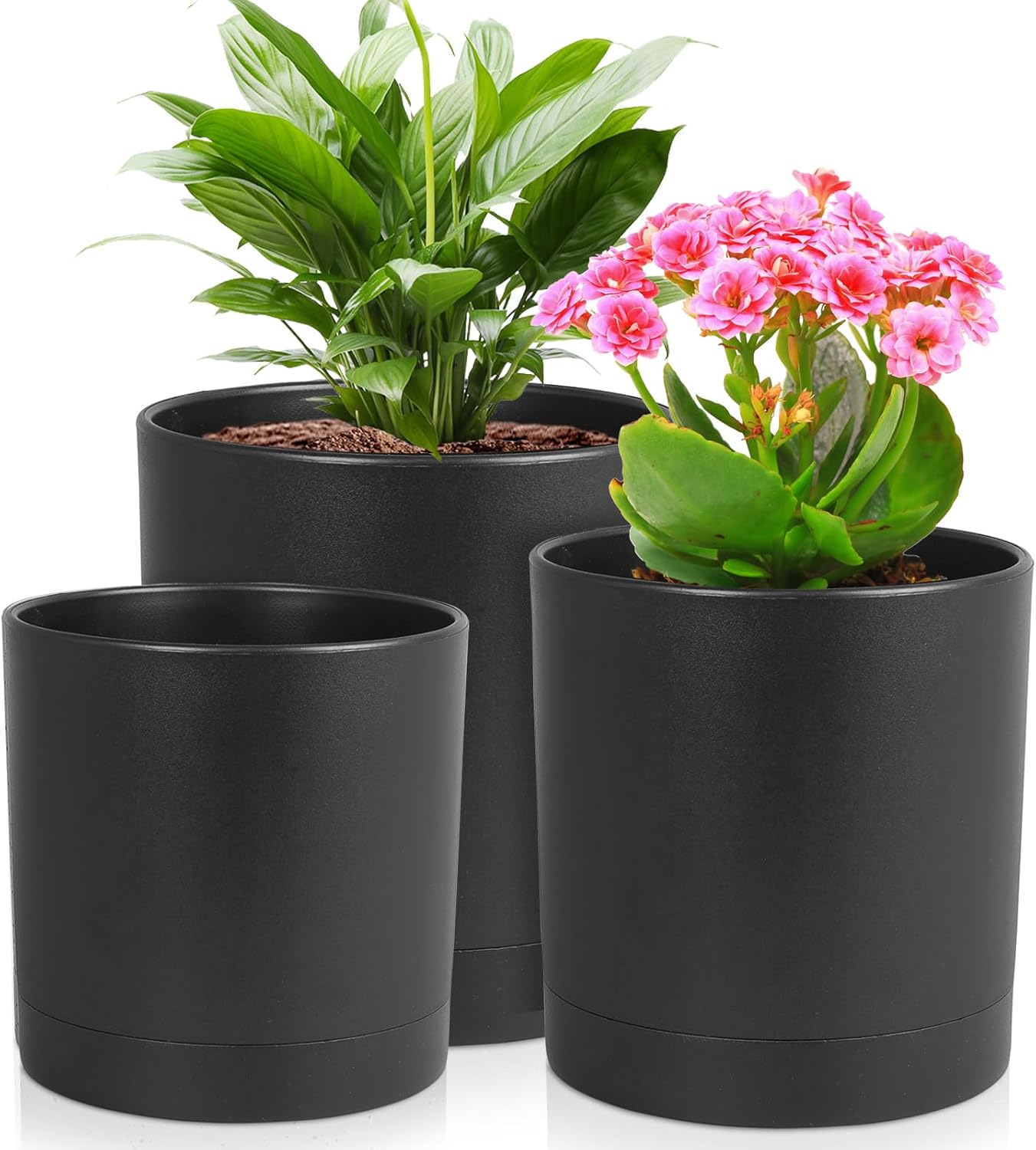 6/5/4 inch Flower Pots, Set of 3 Cylinder Plant Pots for Small Indoor Outdoor Plants, Plastic Planters with Drainage Holes and Saucers for Garden Succulent Nursery House Plants, Black