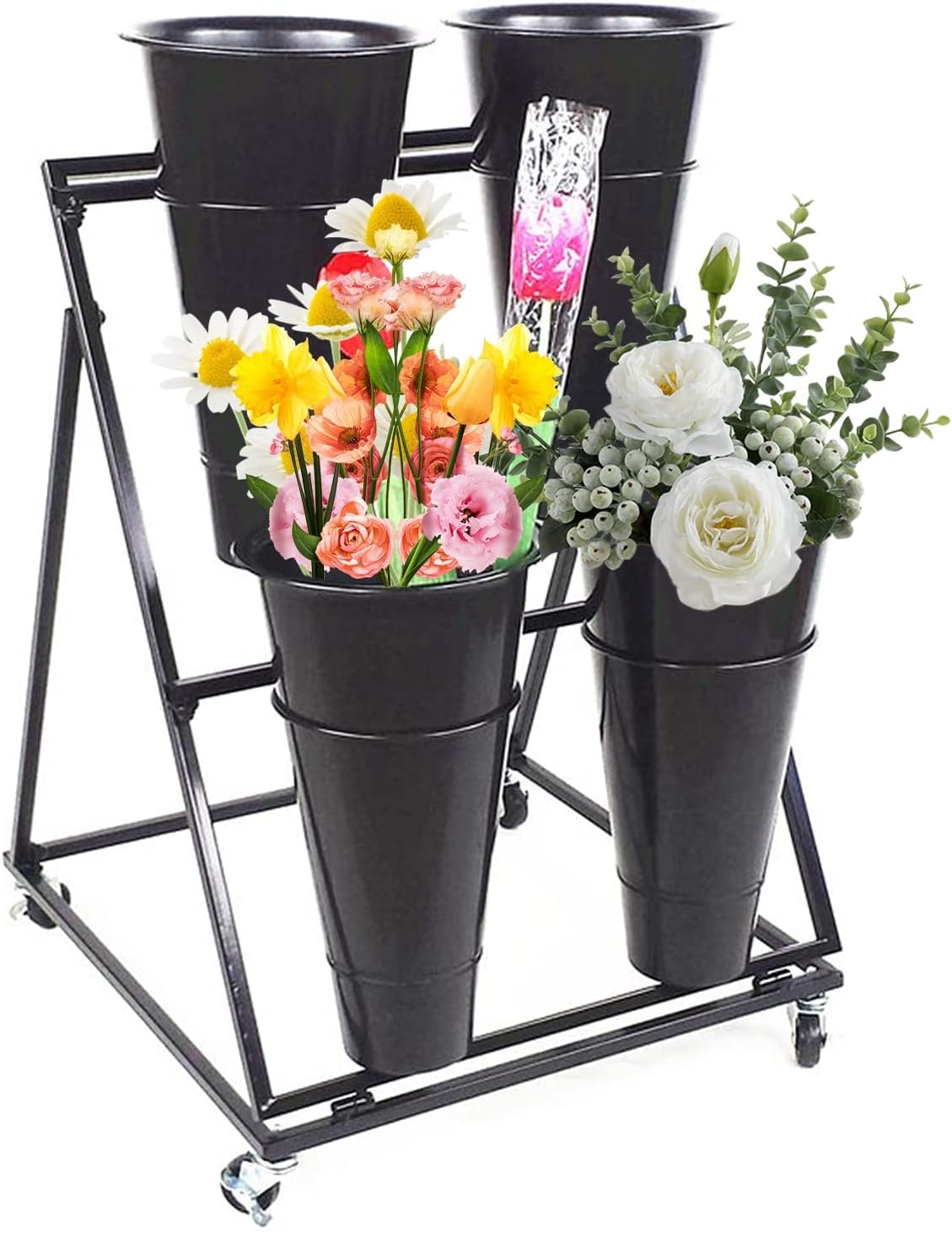 Flower Display Stand, 3-Layer Heavy-Duty Mobile Plant Cart shelve with Wheels, with Plastic Buckets, Easy to Install, Suitable for Indoor and Outdoor Balcony Courtyard Garden Art Exhibitions