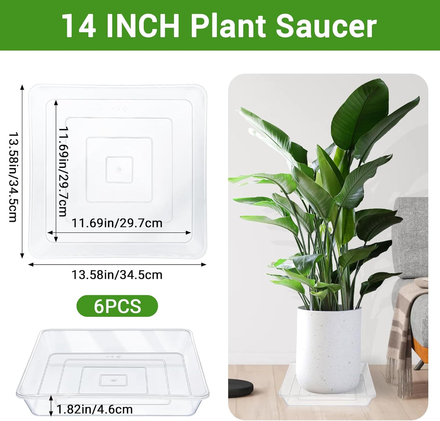 GREANER 14 Inch of Plastic Plant Saucer, 6 PCS Durable Plant Trays for Indoors, Square Plant Water Dray Tray, Plant Water Catcher Drip Dishes, Clear Drip Trays for Indoors & Outdoor Plants