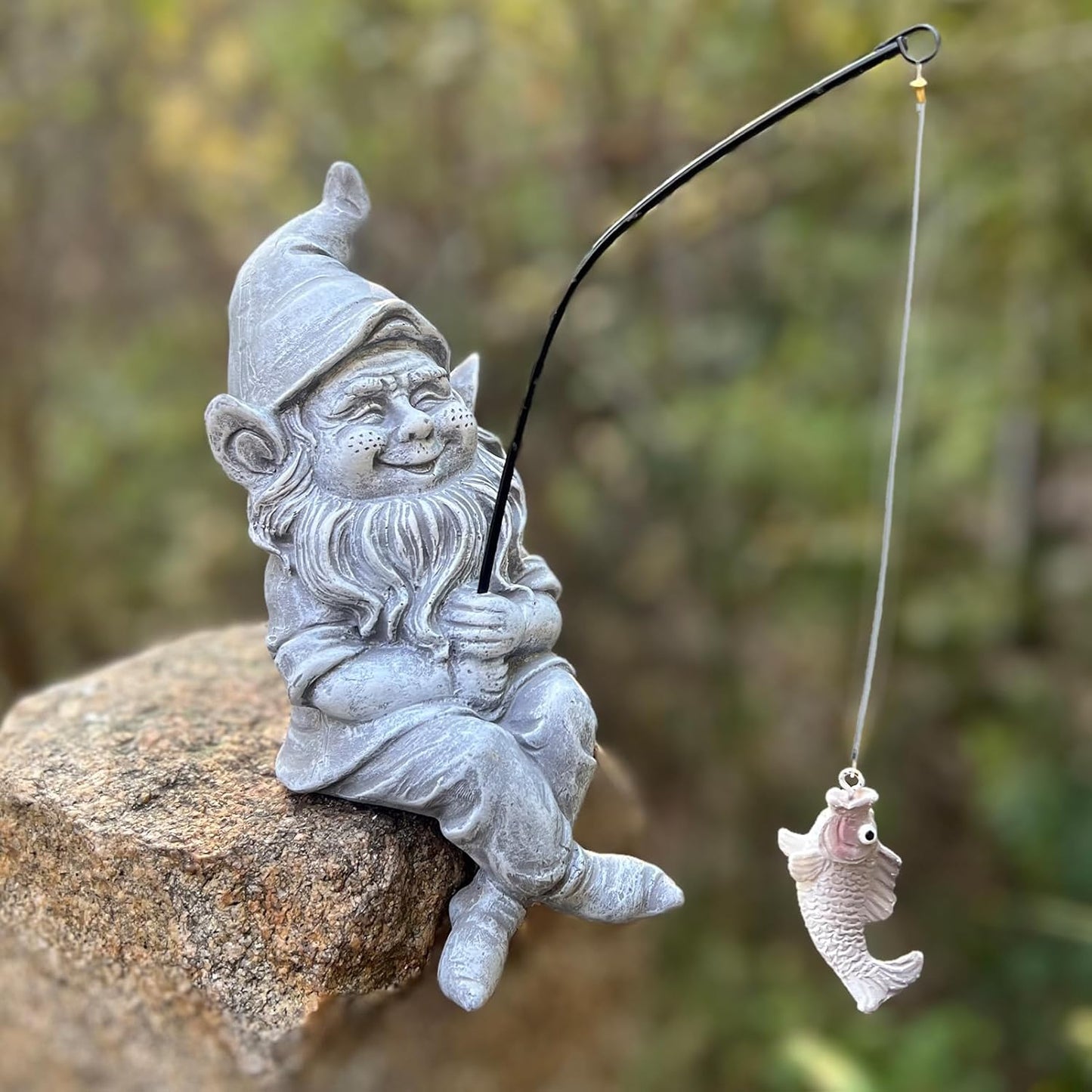 Fishing Gnomes Decoration for Yard Outdoor Garden Decor 9.7 Inch Tall Gnome Statue for Koi Pond, Waterfalls or Poolside Ornaments, Fisher Guy Outdoor Statues, Gift for Mom & Women